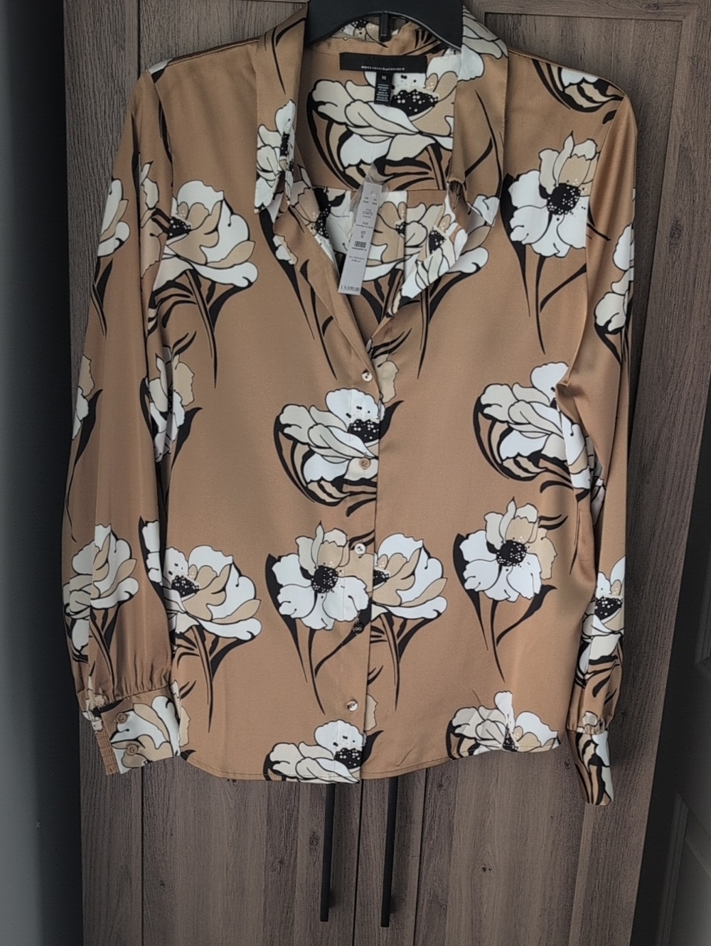White House Black Market Tan Floral Satin Button-Up Blouse